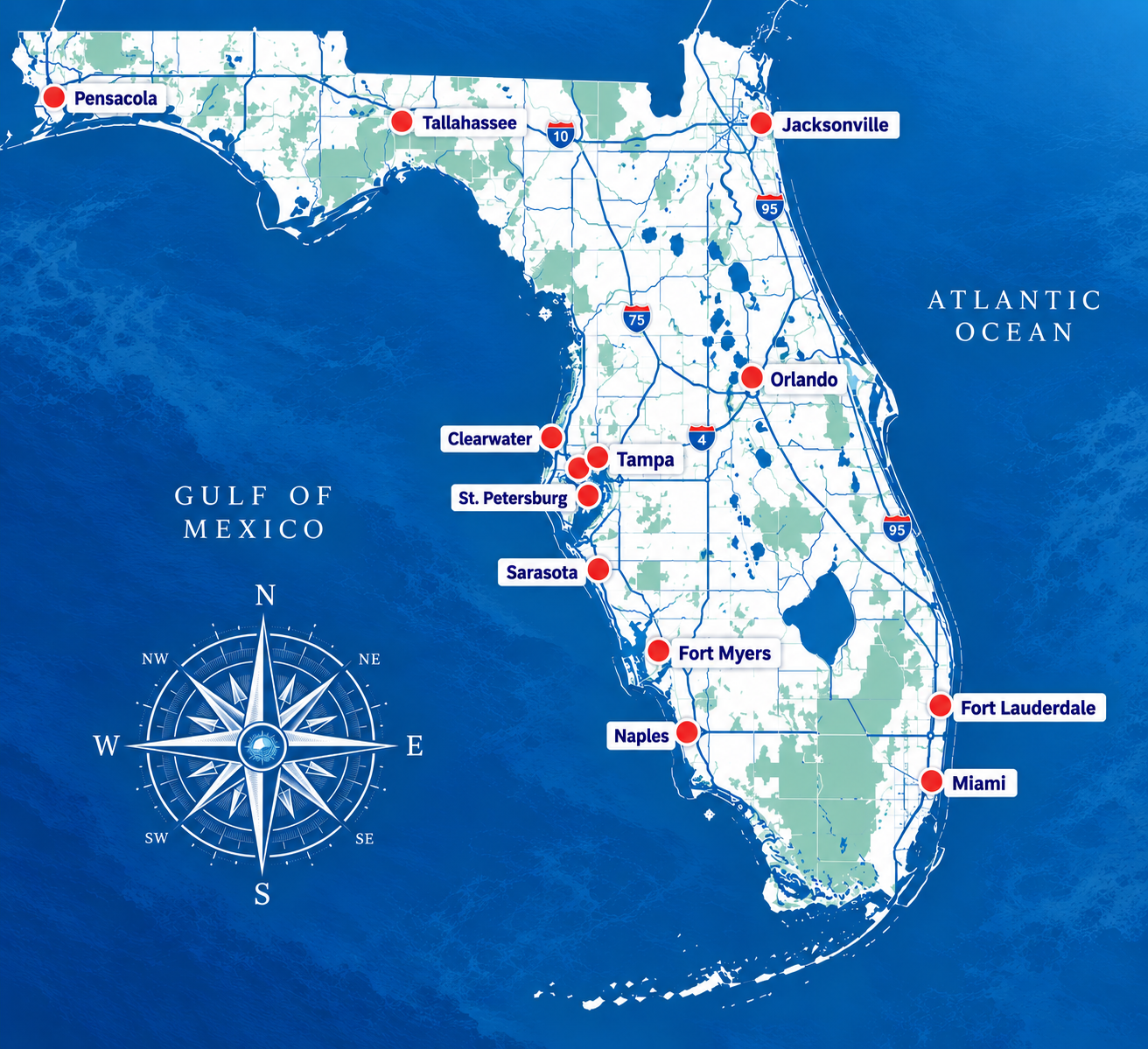 Map of Florida showing statewide Atlantic Boat Removal service area and major service cities